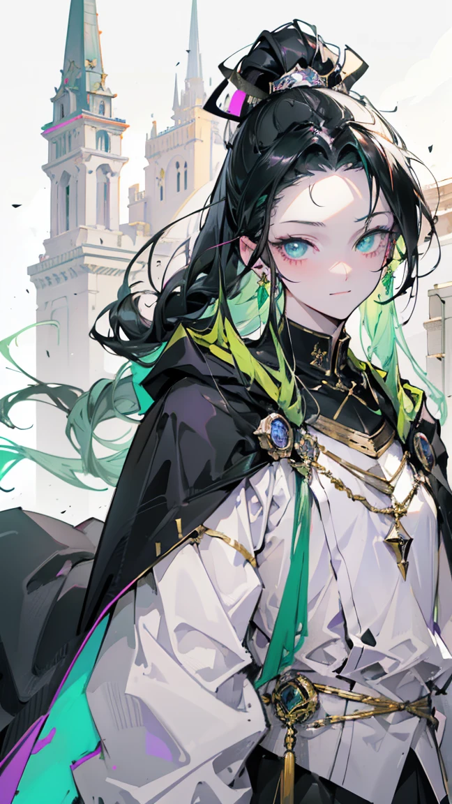 cheerful boy aristocrat open forehead. dark green hair braided in a ponytail on the left side to one side. sinuous black horns wrapped in dark green ribbon. pale green eyes. in short dark green shorts. long white T-shirt. dark green knee-high socks. a white long robe with a hood flutters in the wind. black ancient stone walls of the castle purple light from lamps with gold ornaments, heterochromia, long curly hair, pale skin, I look at the viewer, closed mouth, bright smile, Beautiful, extremely detailed eye, Absolutely amazing art, extremely detailed, Digital art of the highest quality, full length, old piano, ancient walls of a stone castle 