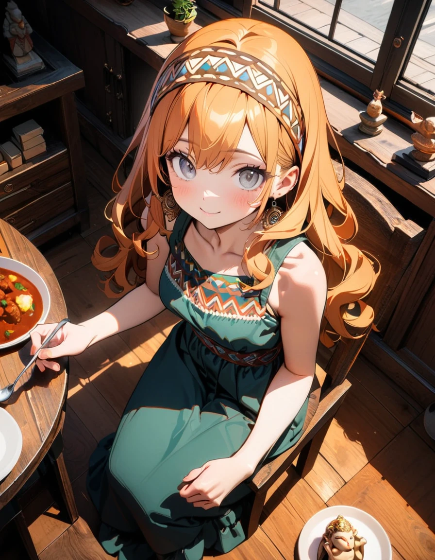 (8K, best quality, master piece: 1.2),super high resolution,1 girl,solo,16yo,ultra-detailed face,detailed eyes,Grey eyes,curly hair,long hair,orange hair,lash extension,bohemian pattern no sleeve maxi dress,bohemian pattern band,anasitting on chair,bohemian earrings,perfect fingers,smile,holding spoon,sitting on chair,plate on curry rice is on the table,Ganesha figurine on the windowsill,From above,Studio Light,indoors bohemian living room
