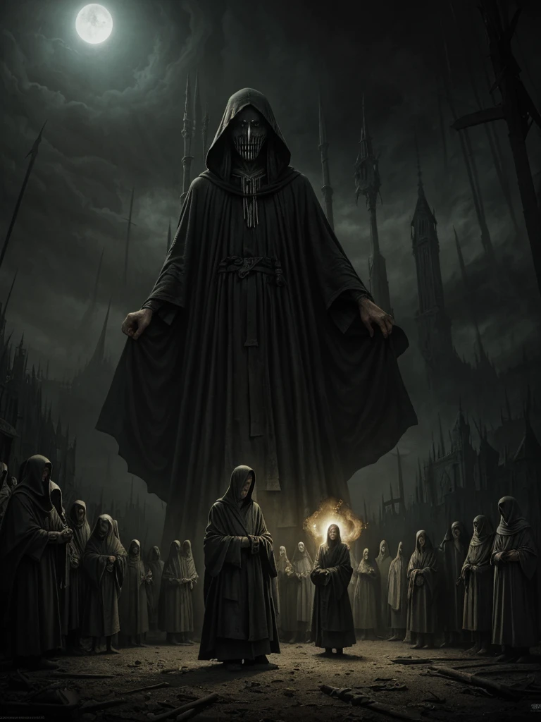 Souls of dead fearful, hungry, they are straying in dark astral, gray striped robes on them, dirt, seb mckinnon, johan grenier, greg rutkowski, fantasy art, hyperrealism, trending on artstation, mysterious, ominous, photorealistic, john kenn mortensen, hieronymus bosch
