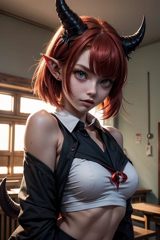 imagem de fully body, ((ultra realisitic)), ((picture-perfect)), ((face perfect)), ((ultra detaild)), ((fully body)), ((perfectbody)), ((Demon girl)), ((pointy ears)), uma garota ruiva de greeneyes com chifres e demon tail, usando um schoolar uniform em um quarto, ((adolescent)), ((breasts big)), short shoulder length hair, demon tail, sharped teeth, horns on head, Demon girl, schoolar uniform((seifuku)), adolescent, Red hair, greeneyes, girl with tail, adolescent estudante, non-human, fully body, medium breasts