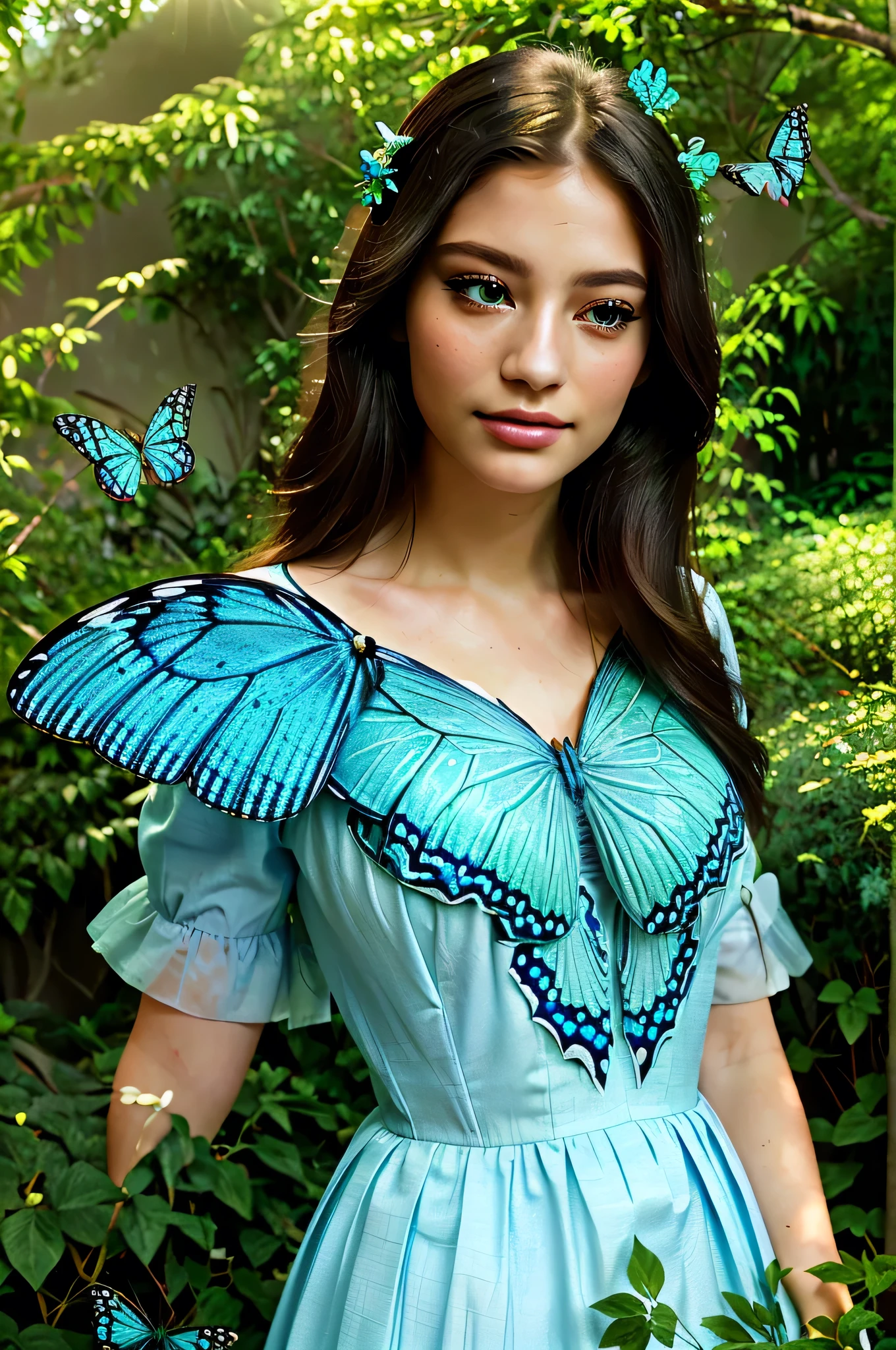 a beautiful girl standing in a garden full of blue butterflies, detailed facial features, long eyelashes, detailed eyes, delicate lips, elegant dress, sunlight filtering through the trees, serene and peaceful atmosphere, intricate butterfly wing patterns, lush green foliage, soft focus, high resolution, photorealistic, vibrant colors, masterpiece, digital art