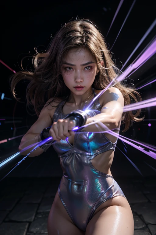 a beautiful girl, light brown eyes, clear facial features, Combat Stance, martial arts movements, body surrounded by purple mist, runes around, holographic reality, holographic halo, Motion blur, Game light effects, edge light, luz outfit, movie edge light, Delicate light, masterpiece, Super detailed, epic composition, super hd, high quality, of the highest quality, 32K