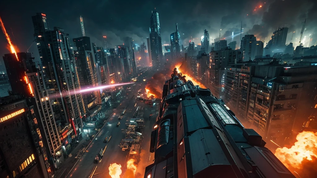 [Ultra-realistic][Cyberpunk] With super high quality on par with live-action, various monsters, characters, and cyborgs are engaged in fierce battles using guns, swords, and all sorts of weapons.
Explosions and flames are rising. The camera angle is from above, making the battlefield look wide and dynamic, like a scene from a movie.