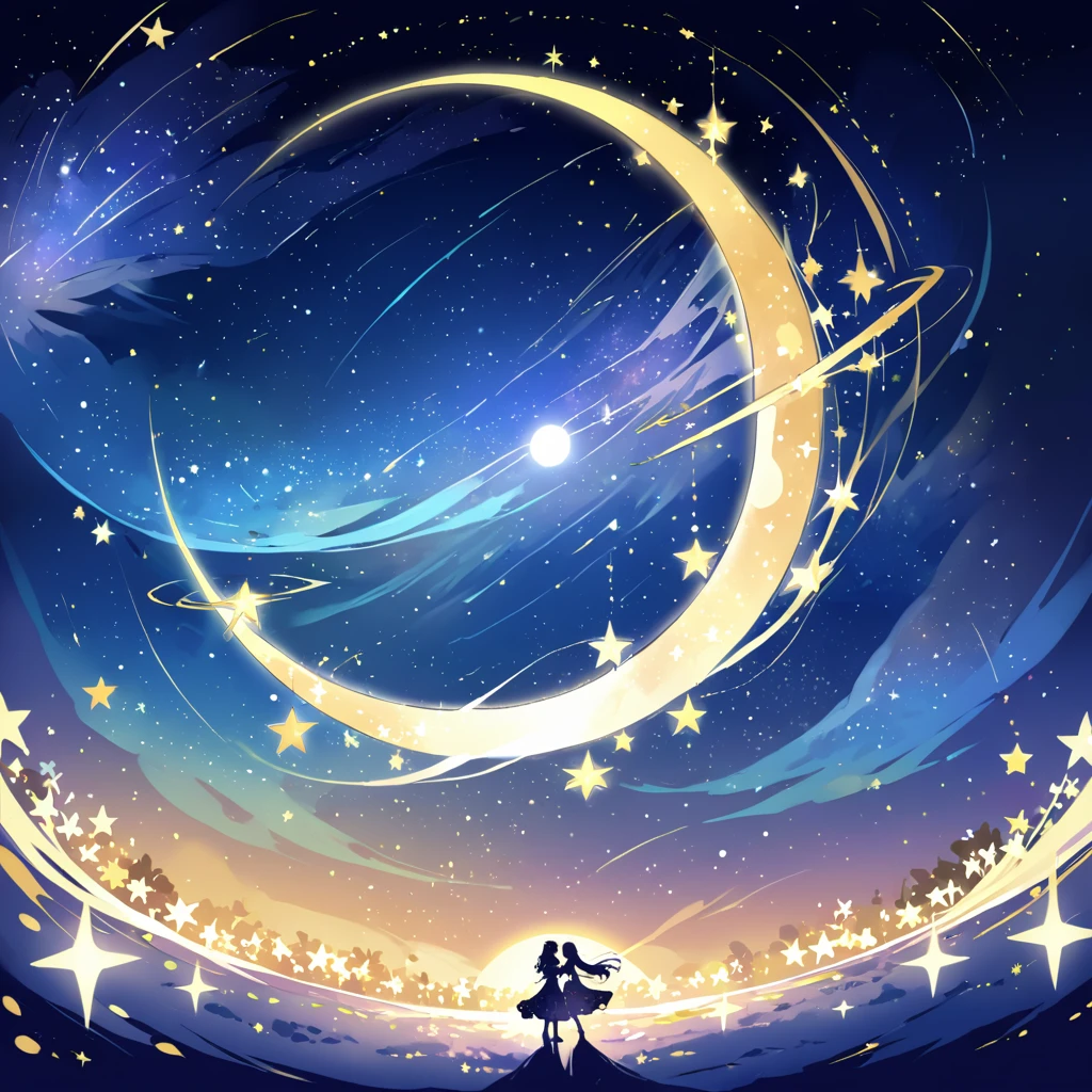 Paisaje Estelar Danzante: Design a starry nightscape in which the stars appear to be dancing around the moon. Create a magical and ethereal atmosphere. 