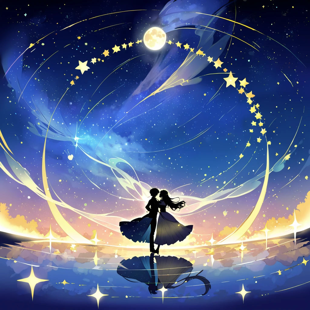 Paisaje Estelar Danzante: Design a starry nightscape in which the stars appear to be dancing around the moon. Create a magical and ethereal atmosphere.