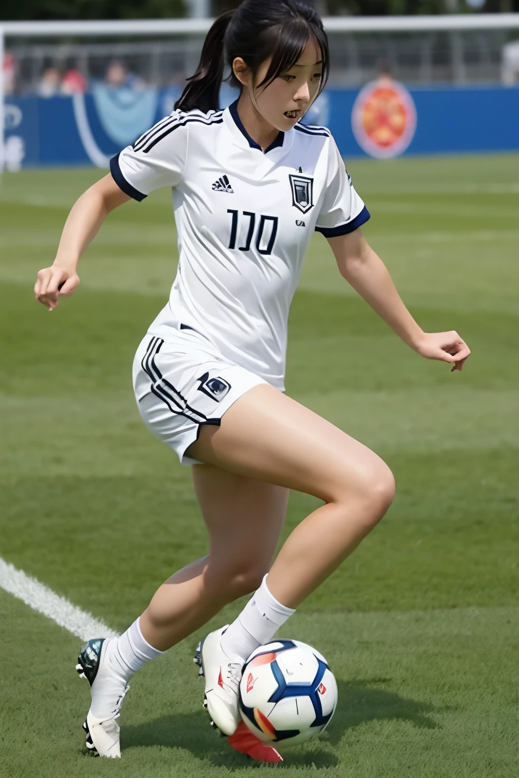 Daily Snaps、Sexy Japanese soccer players in action、Shapely breasts、(A soccer player's uniform with the Japanese flag on it, emphasizing his tight-fitting body lines)、、Very beautiful Japanese female soccer players、Baby Face、Very stylish、She has very long legs like a Korean idol.、((Very big boobs))、(Soccer)、A simple background that doesn't look out of place