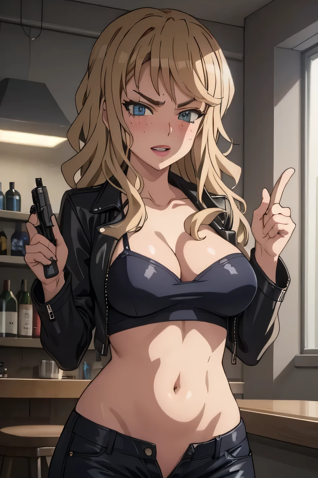 siren_triagex, solo, 1girl, blonde_hair, long_hair, wavy_hair, blush, lipstick, Hot girl, baddie, staring, glaring, bad attitude, mean girl, dare, angry, hate, crazy, smoking, sensual, attractive, blush, lipstick, bar background, inside bar, indoor, masterpiece, best quality, highly detailed, a girls with a gun, evil smile , open mouth, sexy gaze, badass
pose , evil smile, smile, (nsfw) not safe for work, guns blazing, anime girl with long hair, beautiful long
haired girl, navel, evil expression, exposed belly, exposed navel, exposed midriff, exposed lower belly,
long black pants, crop top, cleavage, unbuttoned leather pants ,open fly, low rise black leather pants,
leather jacket, holding a gun, holding pistol,