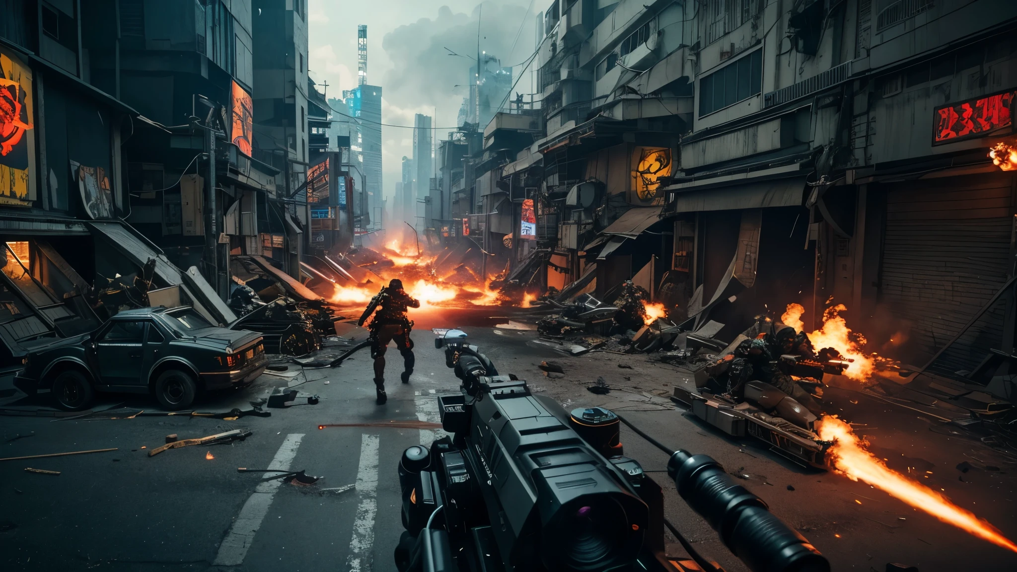 [Ultra-realistic][Cyberpunk] With super high quality on par with live-action, various monsters, characters, and cyborgs are engaged in fierce battles using guns, swords, and all sorts of weapons.
Explosions and flames are rising. The camera angle is from above, making the battlefield look wide and dynamic, like a scene from a movie.