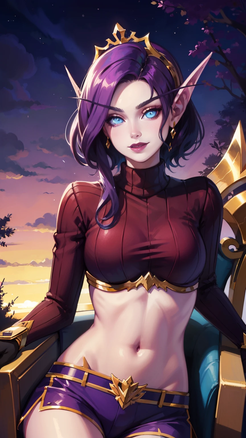 (8K, RAWphotograph, highest quality, masterpiece:1.2), High resolution, Super detailed, intricate details, disorganized, masterpiece, break , beautiful detailed woman, beautifully detailed mouth, highly detailed eyes and face, beautiful and fine eyes, 20 years old girl, (1girl, purple hair, short hair, spiral eyes, smirk, lustful eye, purple lip, licking lips, Tounge out) (digital) (sitting on chair) (looking at viewer), (Purple Forest background), (Gold tiara) (purple Puffy shorts) (Purple Puffy sweater)) , best quality, blue eyes, pointy ears, colored skin, blue skin, sleeves, gloves, Purple clothes, semi crop top, gold trim, voidelf