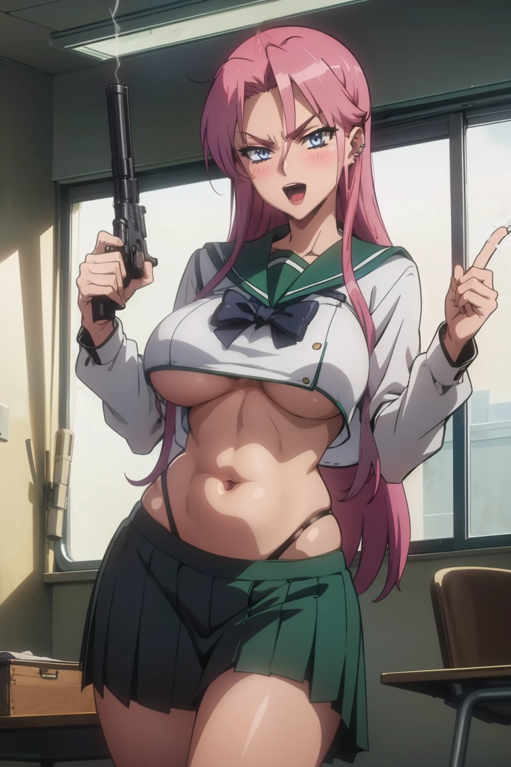 jade, 1girl, solo, large breasts, purple hair, blue eyes, ear piercing, long hair, blush, lipstick,Hot girl, baddie, staring, glaring, bad attitude, mean girl, dare, angry, hate, crazy, smoking, sensual, attractive , masterpiece, best quality, highly detailed, a anime girls in sailor uniforms with a gun posing for a picture,
evil smile, smile, open mouth,black_serafuku, ecchi anime style, anime girls , (nsfw) not safe for work,
ecchi style, ecchi, shipgirls, digital anime art!!, high school girls, holding a gun, hold a gun, anime style 4
k, micro skirt, exposed belly, exposed navel, exposed midriff, holding pistol,underboob,
exposed lower belly,school, classroom, 