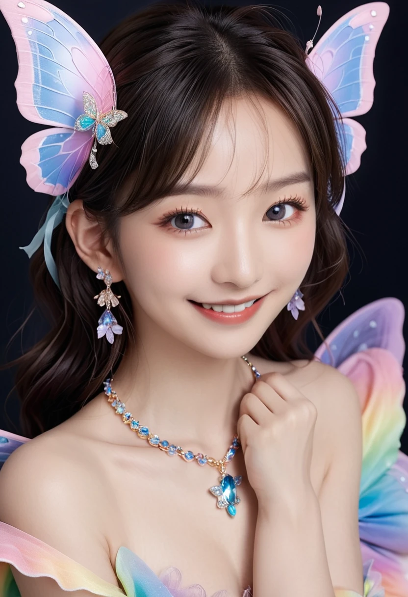Cowboy Shots、Shot from below、ファッションショーのRunwayで、Beautiful and elegant fashion model、wave hands、Smiling with a captivating expression、A fluffy rainbow-colored fairy-inspired costume、Big butterfly wing gimmick、tiara、necklace、bracelet、Earrings、accessories、gem、Fairy Makeup、Ideal body type、Gorgeous detailed face、Delicate facial features、Beautifully detailed eyes、Long and detailed eyelashes、Elegant and graceful pose、Long, flowing, detailed hair、Smooth and detailed skin、Very detailed、high quality、Real、Studio Lighting、Professional Fashion Photography、Dramatic lighting、Dynamic pose、Runway、Behind the Scenes、Charm、Tempting、Provocative、Impression、Bold、Sophistication、audience