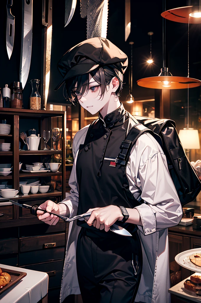 age: Age: 36 - Height: 172cm - Body Type: Slender、Muscular- Hair: Black Hair、Slightly longer、straight、Random - Eyes: brown、Long eyelashes、Sharp Eyes、Expressive - Skin: Dark skinned、Sunburn、Small scratches、Burn scars - facial expression: poor、Serious、Sarcastic Smile - Outfit:
- Chef era: White Chef Coat、black chef pants、White apron、Non-slip kitchen shoes - Burglary style: Dark Grey T-Shirt、Black long sleeve shirt、Black stretch pants、running shoes、Shoes for sneaking around、Black cap、bandana、Gloves、Black Backpack - What to bring:
- Cooking utensils: Special Santoku knife、Petty knife、Special Cooking Utensil Bag - Burglary Utensils: Locksmith set、Pick Set、Tension wrench、Small LED Flashlight - Background: Luxury hotel kitchen、Dark Residential Area - Pause: Knife right hand、Tool bag left hand、forward leaning posture、The moment it starts moving - Other: Knife blade、Reflected light、Strong Will、Tension、Character depth