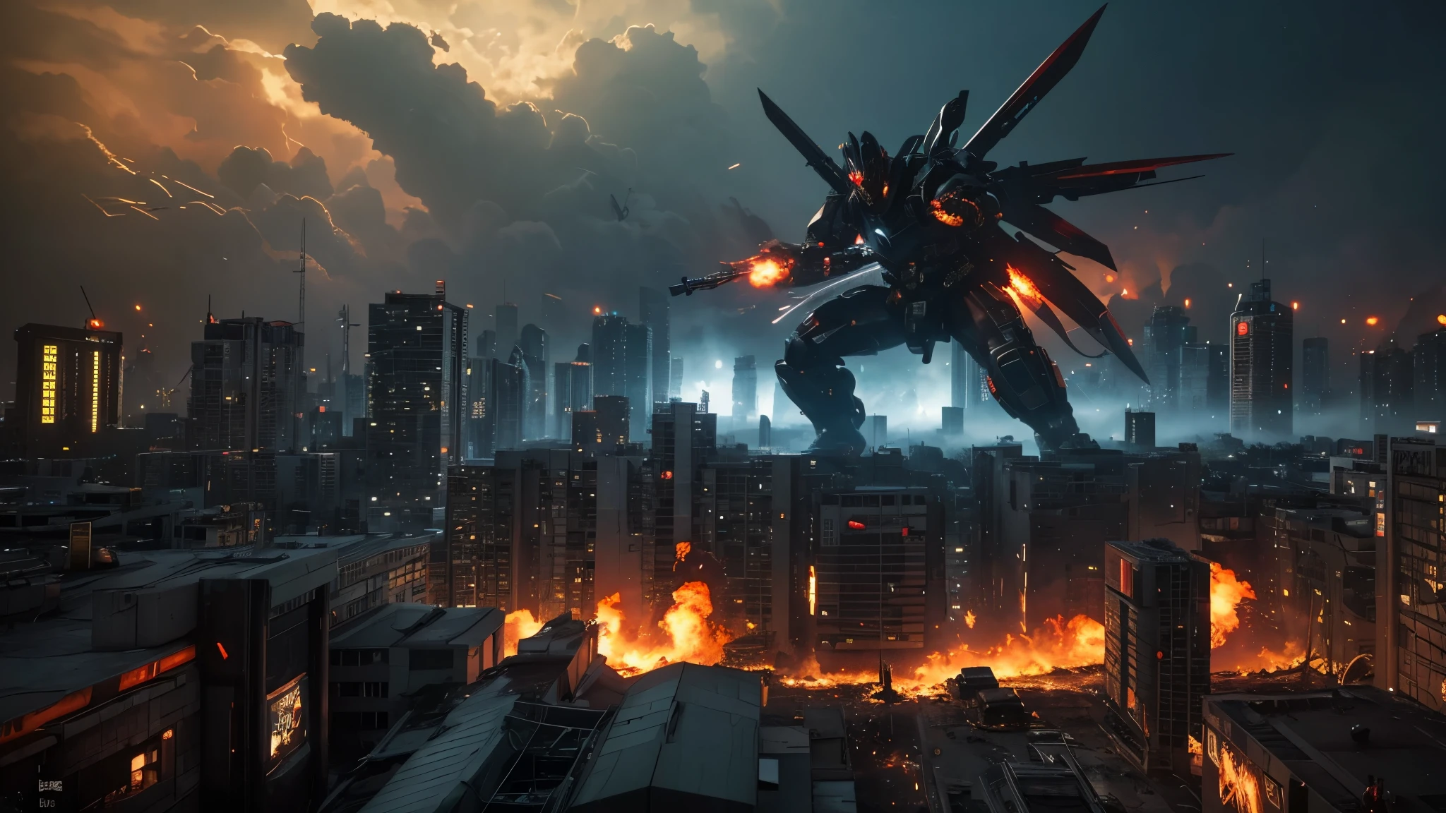 [Ultra-realistic][Cyberpunk] With super high quality on par with live-action, various monsters, characters, and cyborgs are engaged in fierce battles using guns, swords, and all sorts of weapons.
Explosions and flames are rising. The camera angle is from above, making the battlefield look wide and dynamic, like a scene from a movie.