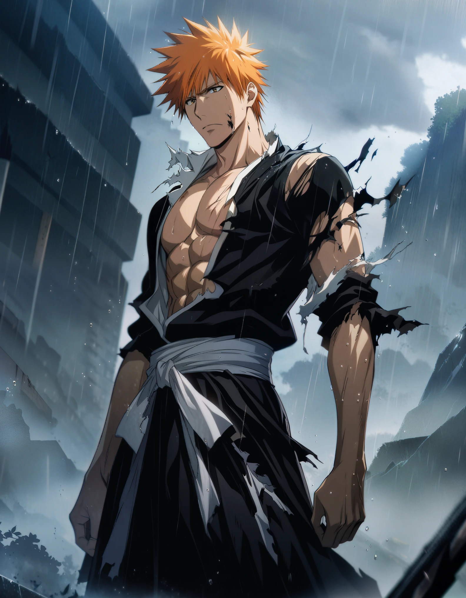 1boy, male focus, kurosaki ichigo, bleach, black hakama, tensa zangetsu (bankai), torn clothes, outdoors, rain, pectoralasterpiece), (best quality), (ultra-detailed), very aesthetic, illustration, disheveled hair, perfect composition, moist skin, intricate details,