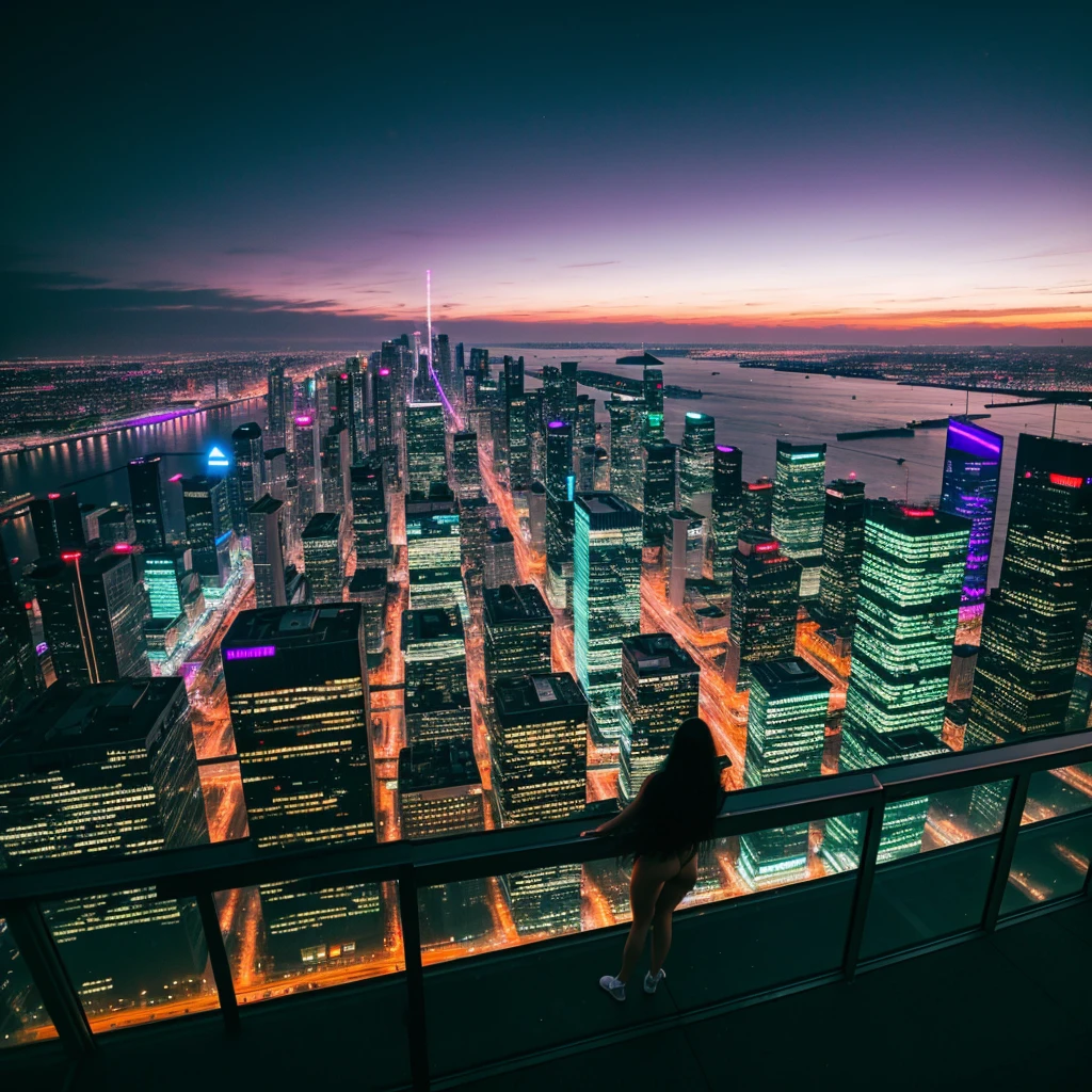 Naked Woman, long black hair, In a vibrant night with a cyberpunk aesthetic, a woman is standing in front of a window, watching the city below. Neon lights in shades of purple, blue and green illuminate the urban landscape, reflecting off the glass and casting a soft glow over your face. Her long hair falls elegantly over her shoulders, while your eyes take in the view with a mix of fascination and introspection.
The city is alive with activity, Advertising holograms float in the air, Drones hum gently above and autonomous vehicles glide through the streets below. Futuristic skyscrapers covered in bright signs dominate the skyline, creating a light show that dances on the metal and glass surfaces of the buildings.
inside the room, The city's neon lighting creates a play of shadows and lights, highlighting the woman's contours and adding an enigmatic touch to the scene. His posture is calm and contemplative, contrasting with the pulsating, chaotic energy of the futuristic metropolis outside. The combination of its serene presence and nocturnal cyberpunk look creates a captivating image full of mystery..