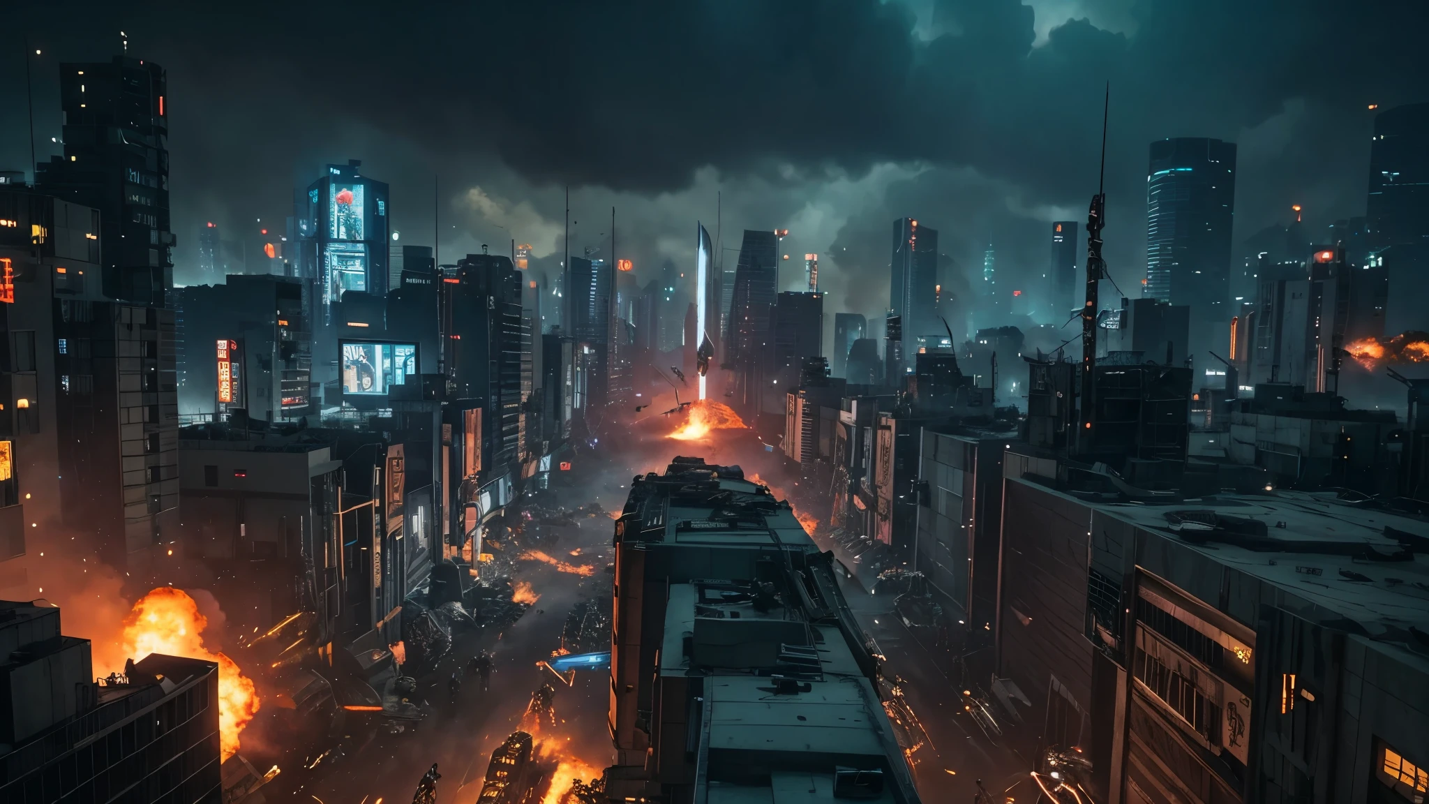 [Ultra-realistic][Cyberpunk] With super high quality on par with live-action, various monsters, characters, and cyborgs are engaged in fierce battles using guns, swords, and all sorts of weapons.
Explosions and flames are rising. The camera angle is from above, making the battlefield look wide and dynamic, like a scene from a movie.