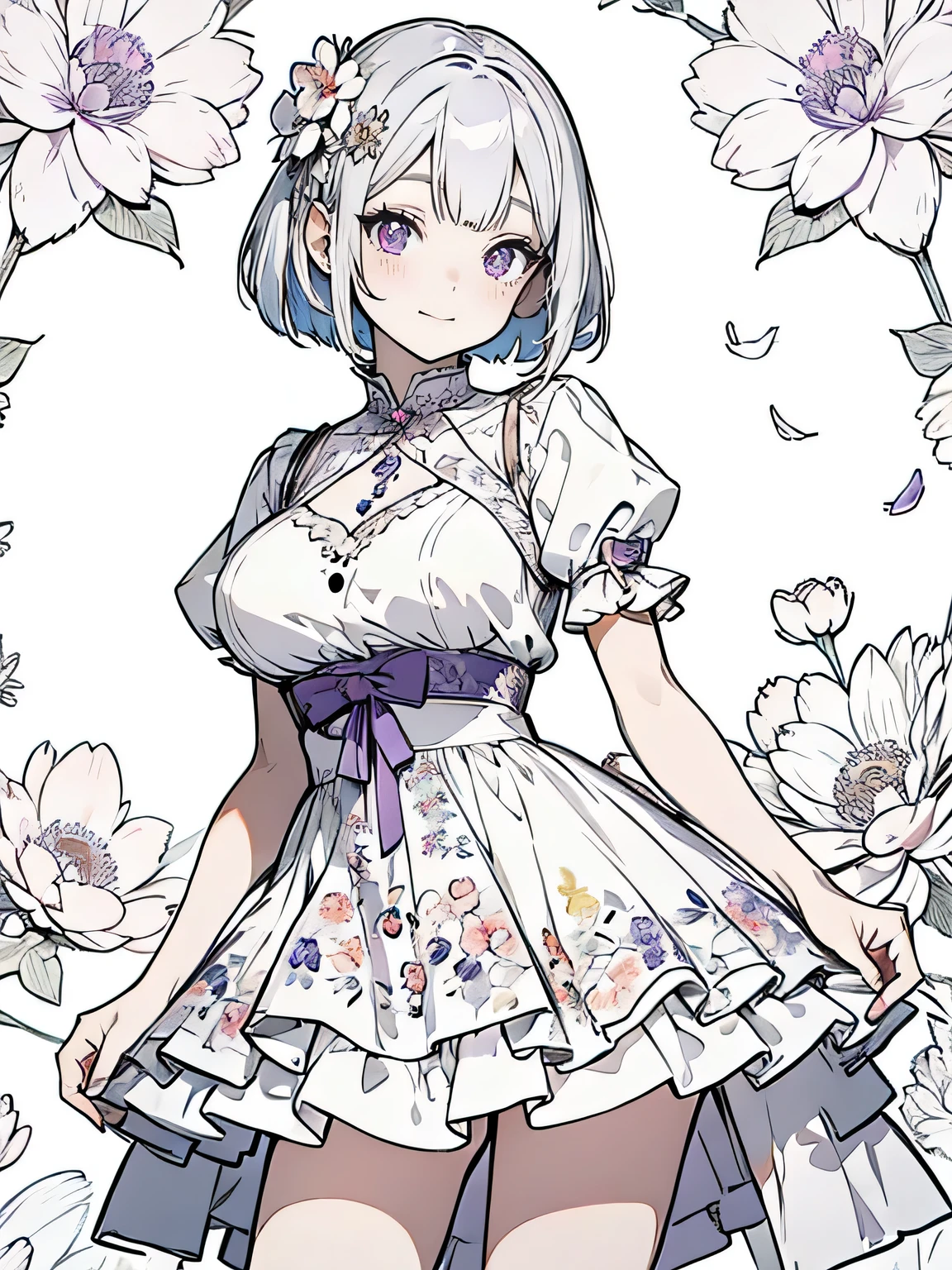 Anime girl with white hair in bob hairstyle and wearing a simple dress, Anime Drawings, Anime Goddess, purple eyes and dress, Wear a dress, dress, Silver Hair, Beautiful anime artwork, Beautiful floral background, pretty girl, smile, Strong outline, most flower details, flower details, flower details,colorful，colorful，colorful，Big Breasts，Large Breasts，Sharp Eyes，Sharp Eyes