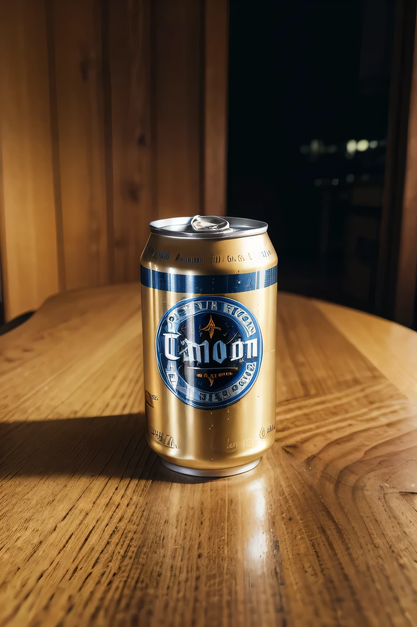 A can of beer on a wooden table, with wonderful wheat around, photographed with a Canon R5, with 24mm lens, wide angle, realistic photo, super detailed, dynamic pose