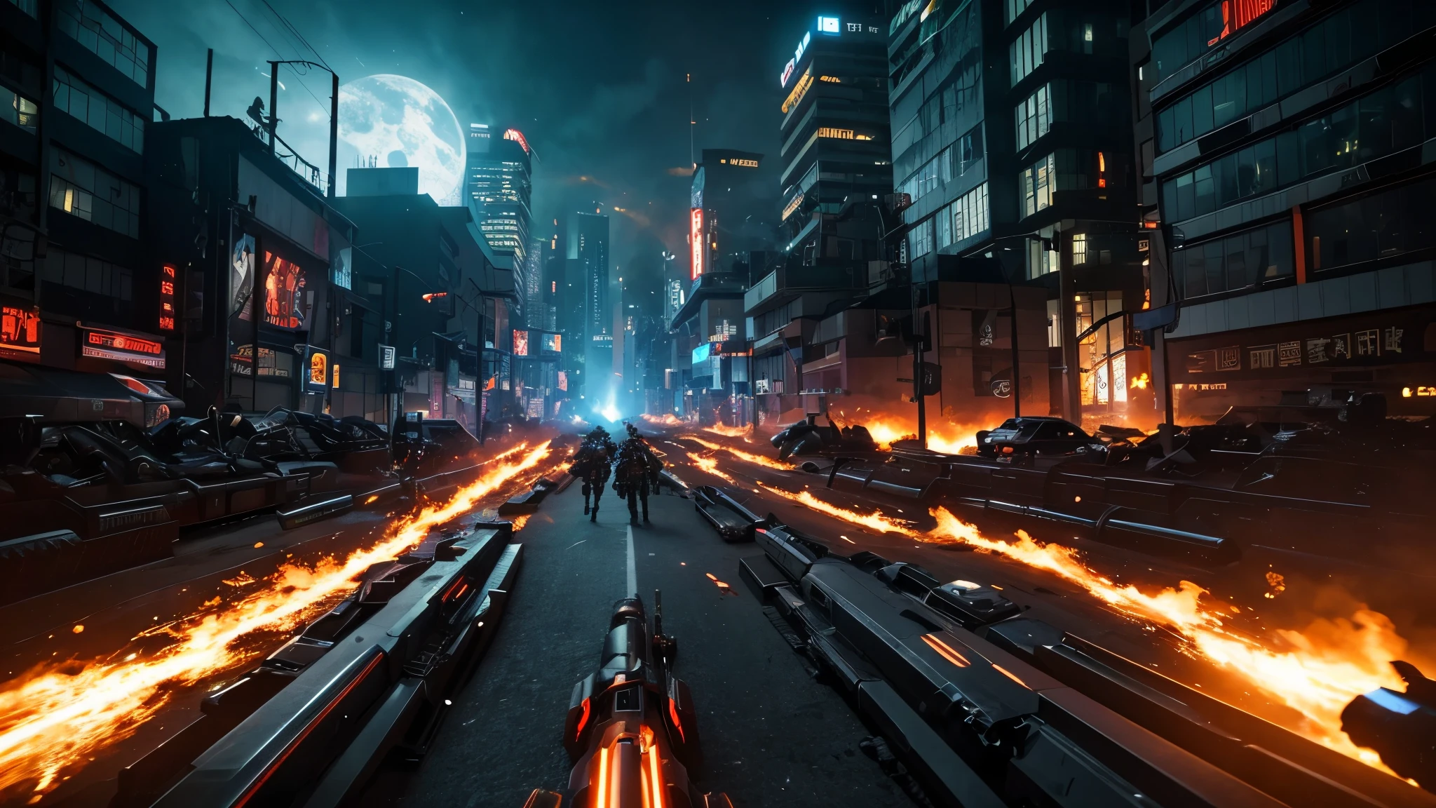 [Ultra-realistic][Cyberpunk] With super high quality on par with live-action, various monsters, characters, and cyborgs are engaged in fierce battles using guns, swords, and all sorts of weapons.
Explosions and flames are rising. The camera angle is from above, making the battlefield look wide and dynamic, like a scene from a movie.