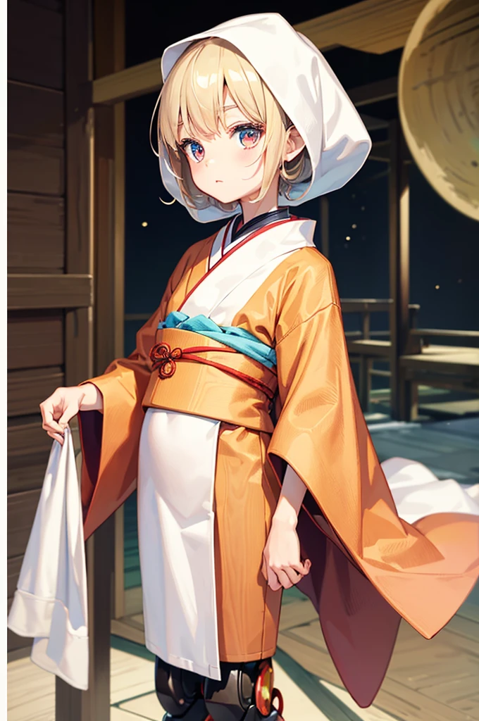 Wooden Humanoid Robot,Wood grain body,child女に似せて作られた,wear the kimono,child,児,Small,Illustrated,((Hand out a towel)),zoom in,Round parts