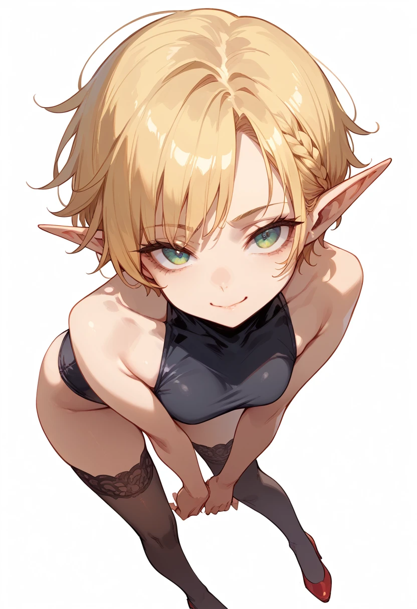 (score_9,score_8_up,score_7_up),1girl,solo,black leotard, stockings, elf, pixie blonde hair, very short hair, looking at viewer, warm smile, tired smile, red heels, leaning forward, view from above, wide view, simple background, white background