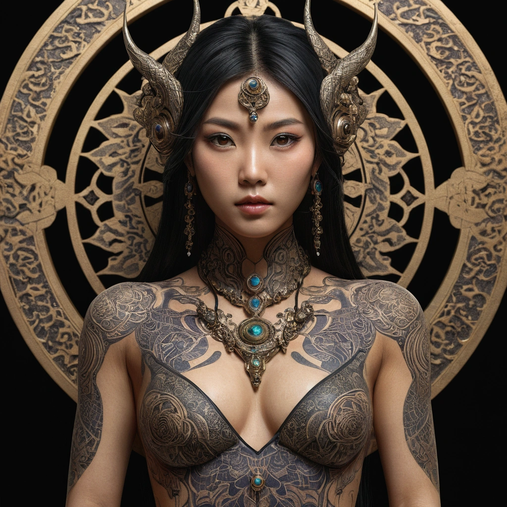 A full body sHoot beautiful asian women weaRing lingeRia, tatto on His neck, Pierce the Beast. Use elegant colors. Detailed face, full naked body sHoot, detailed symmetRic Hazel eyes witH ciRculaR iRis, actual, stunning actual pHotogRapH, 3D Rendering, Octane Rendering, Intricate details, cinematic, ARtStation 上的熱門話題, Isometric, CenteRed HipeReallistic coveR pHoto, Great full color, Hand dRawn, dark, Gritty, mucha, Klimt, 12k, HigH definition, cinematic, Neoprene, beHance contest winneR, poRtRait featuRed on unsplasH, stylized digital art, smootH, ultRa HigH definition, 8k, Unreal Engine 5, ultRa sHaRp focus, Intricate art masterpiece, inauspicious, epic, Tanveer Tamim, ARtStation 上的熱門話題, by Art Jem, H. R. Giger and Beksinski, HigHly detailed, Energetic