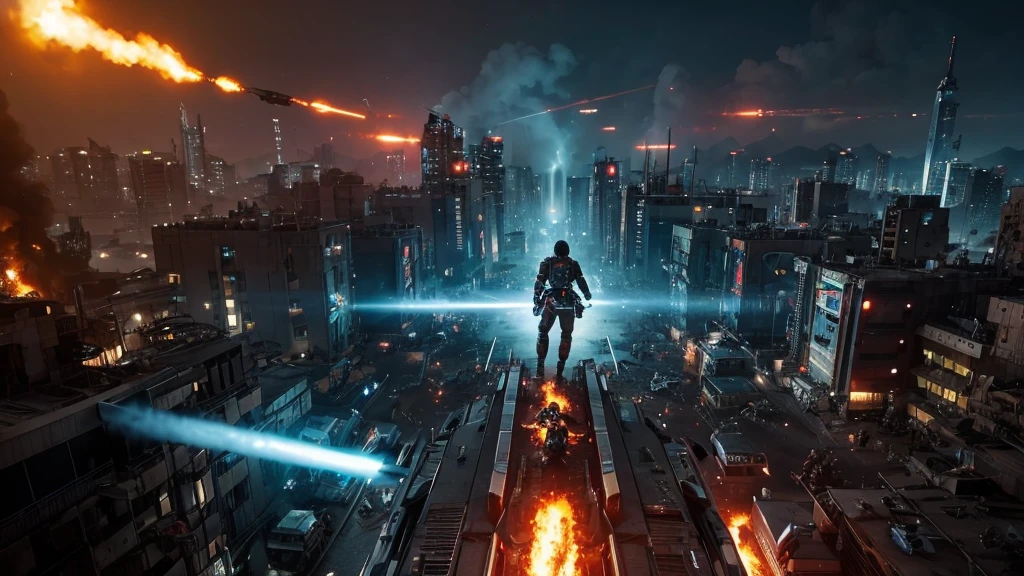 [Ultra-realistic][Cyberpunk] With super high quality on par with live-action, various monsters, characters, and cyborgs are engaged in fierce battles using guns, swords, and all sorts of weapons.
Explosions and flames are rising. The camera angle is from above, making the battlefield look wide and dynamic, like a scene from a movie.