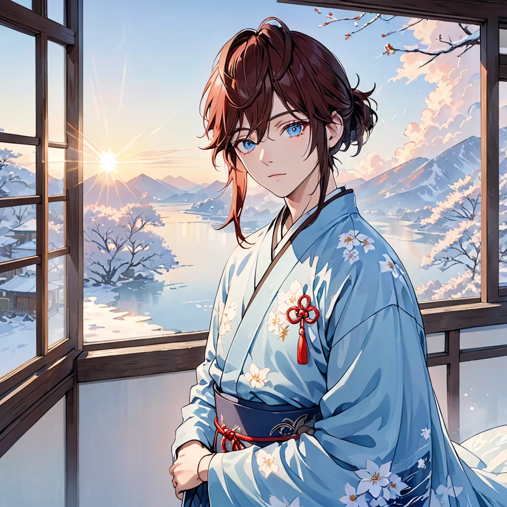 (Masterpiece, High Quality, Fit body,High Detail Face, Same Eyes, Glare, High Detail Body, High Detail Clothes, Soft Light, Dream Light, Digital Painting, 8K Waist Shot, Sunrise, Serenity, Winter ,Lookin in Camera ) a twenty years old boy in a old japanese house with his arm crossed, he has red crimon hair, cerulean eyes, wearing a blue prussian color kimono with a red haori