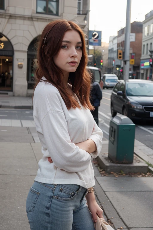 A woman with red hair, basic with casual clothes