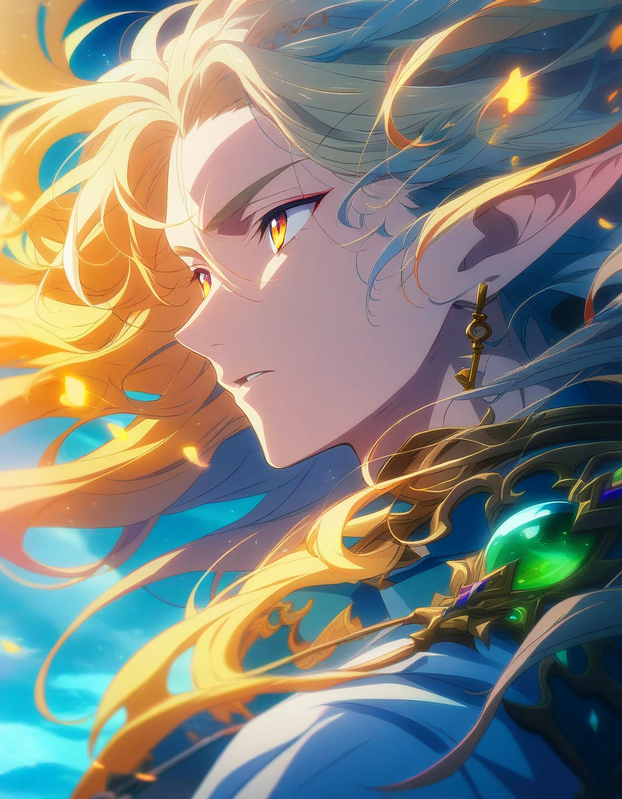 1boy, paladin portrait of a 2 4 years old male evil elf with short dark blonde hair, Dungeons & Dragons, aesthetic, dungeons and dragons, yellow irises!! elf, rogue, sharp focus, d & d, fantasy, intricate, elegant, digital painting, art, (masterpiece), (best quality), (ultra-detailed), very aesthetic, illustration, disheveled hair, perfect composition, moist skin, intricate details, anime artwork, anime style, key visual, vibrant, studio anime, highly detailed