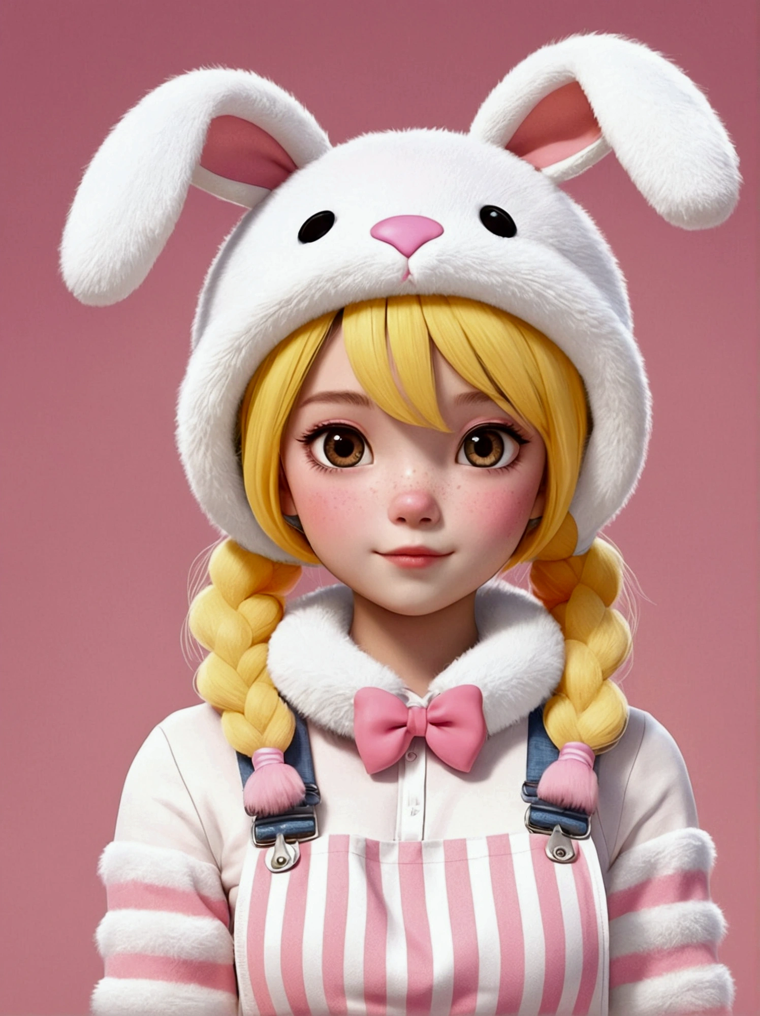 Create a Disney Pixar inspired poster with all white fur and transparent head with a pastel Kawaii hat Carrot bunny school class yellow kitty hat beige hair with bubble braid with pink ribbons Bloody winter bear outfit overalls m arm warmers Oversized striped of the following pink and white colors