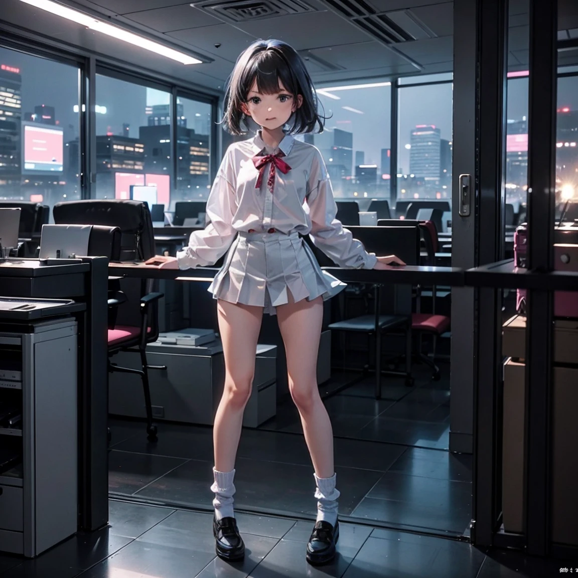 One Woman（）、Glaring Face、length, Blue Hair、Thin glasses、White clothes、See-through shirt、ribbon、Short pleated skirt、Pink underwear、loose socks、Inside a skyscraper office at night、Spread your legs、thin and toned legs、Hands tied and restrained