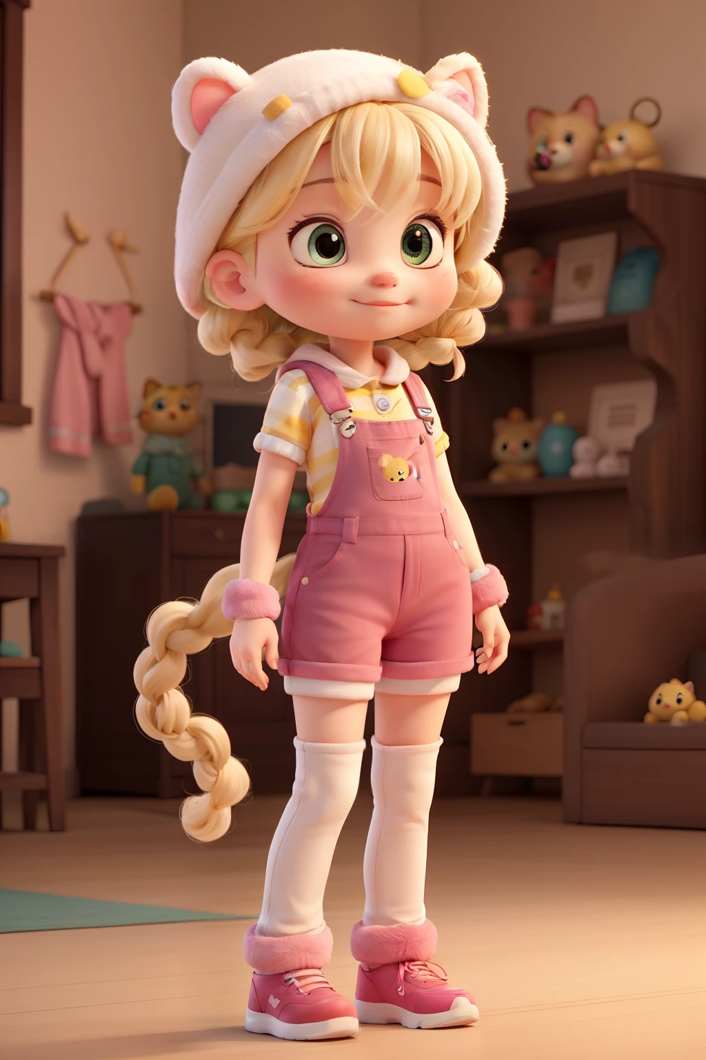 completely white skin and invisible head with a Kawaii yellow kitty hat beige hair with bubble braid with pink ribbons Bloody winter bear overalls m arm warmers Oversized striped outfit in the following colors pink and white