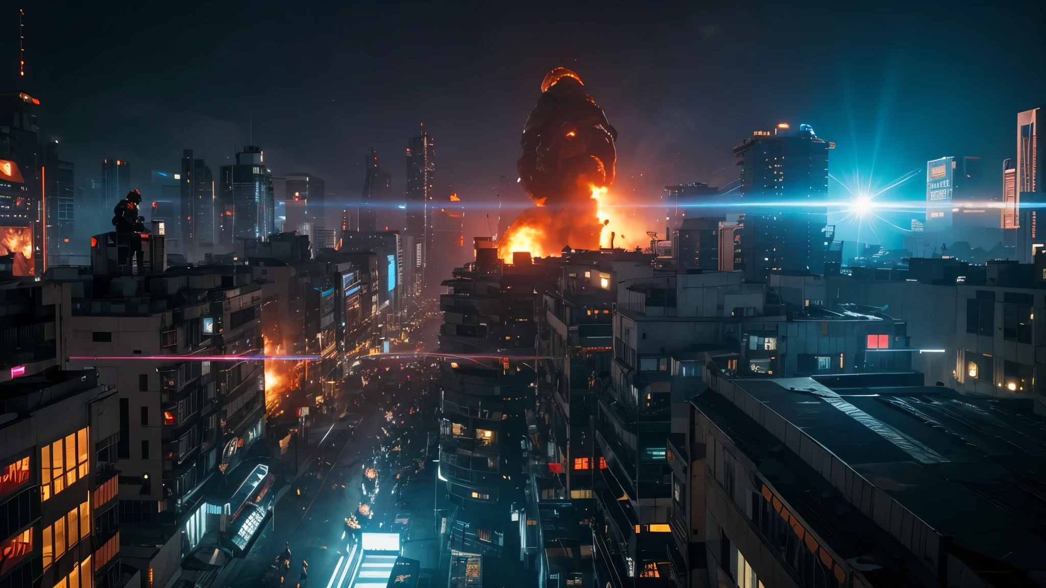 [Ultra-realistic][Cyberpunk] With super high quality on par with live-action, various monsters, characters, and cyborgs are engaged in fierce battles using guns, swords, and all sorts of weapons.
Explosions and flames are rising. The camera angle is from above, making the battlefield look wide and dynamic, like a scene from a movie.