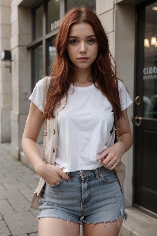 A woman with red hair, basic with casual clothes