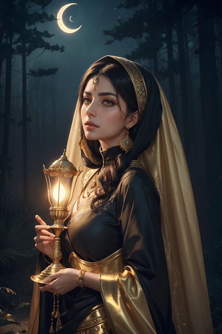 ((Yasmin, a woman with persian clothes holding a golden lamp crying in a beach, eyes fixed on camera )) hair with many details, 8k artgerm bokeh, fanart best artstation, render photorealistic, guweiz-style art, inspired by WLOP, ig model | artgerm, detailed waist up portrait, stunning wait up portrait of realistic face, beautiful waist up portrait, deviantart artstation cgscosiety, cinematic realistic portrait, high quality portrait, elegant digital painting, photorealistic artstyle, ((night sky in the woods with crescent moon background))