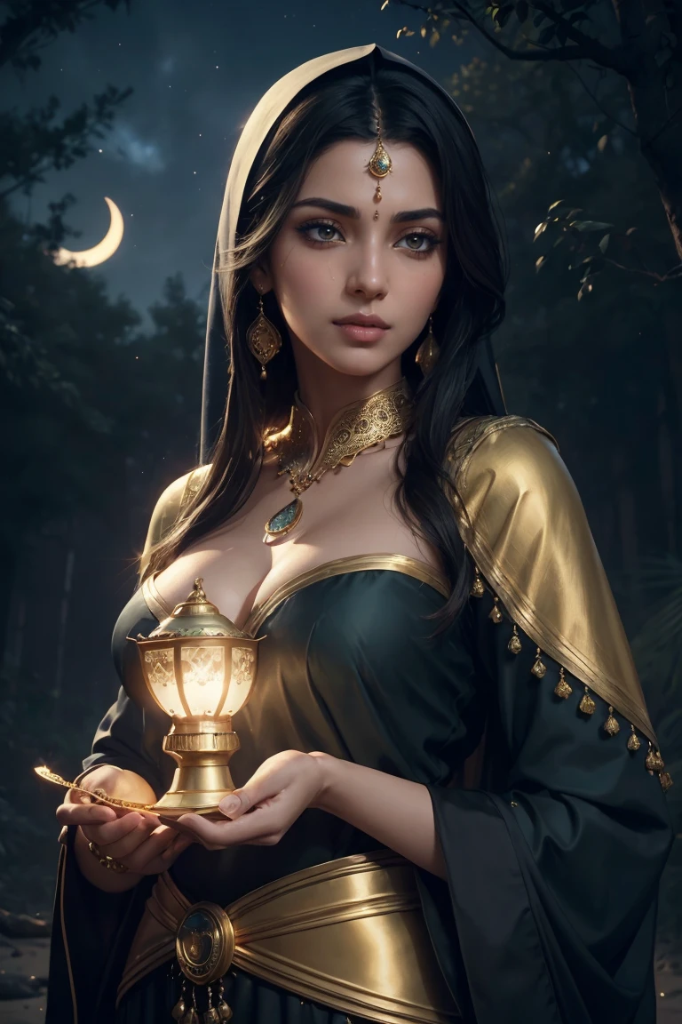 ((Yasmin, a woman with persian clothes holding a golden lamp crying in a beach, eyes fixed on camera )) hair with many details, 8k artgerm bokeh, fanart best artstation, render photorealistic, guweiz-style art, inspired by WLOP, ig model | artgerm, detailed waist up portrait, stunning wait up portrait of realistic face, beautiful waist up portrait, deviantart artstation cgscosiety, cinematic realistic portrait, high quality portrait, elegant digital painting, photorealistic artstyle, ((night sky in the woods with crescent moon background))