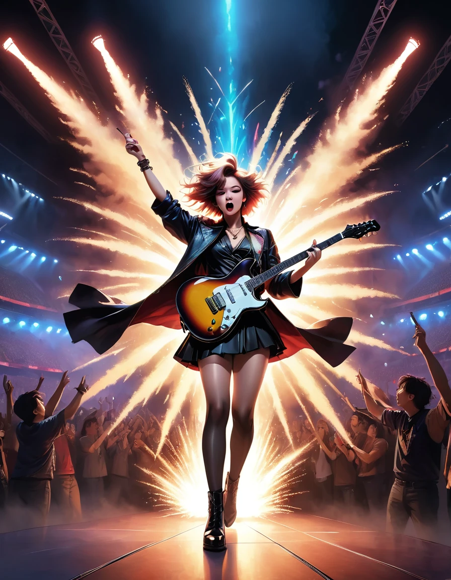 (Highest quality,4K,8k,High resolution,masterpiece:1.2),Very detailed,(Actual,photoActual,photo-Actual:1.37),rock star,singer,guitar,uniform,black,tight,gilded accents,Spacewalk,Hysterical singing voice,Stage lighting,restive,Glitch Art,Bright colors,Energetic performance,An exciting atmosphere,Loud music,Screaming fans,Huge Speaker,Fiery explosion,Dynamic pose,Smoke and fog effects,Expressive Face,Revolving light,flash,Dark Background,Edgy Style,Wild Hair,Mike stand,guitar声音失真,Rock Music,Celebrities,电guitar独奏,Huge concert stage,Stroll on stage,Condescending attitude,Emotional Intensity,Big, heavy drum sounds,Electrical Energy,Stage Fireworks,Powerful vocal performance,the stadium has a full crowd,Thousands of fans,roaring crowd,flash,An exciting atmosphere,sweaty and Energetic performance,Legendary figure,Acting skills,Standing ovation