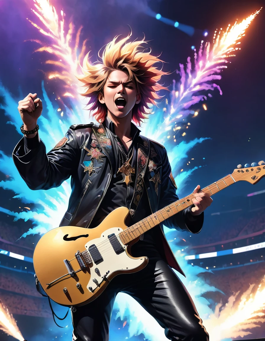 (Highest quality,4K,8k,High resolution,masterpiece:1.2),Very detailed,(Actual,photoActual,photo-Actual:1.37),rock star,singer,guitar,uniform,black,tight,gilded accents,Spacewalk,Hysterical singing voice,Stage lighting,restive,Glitch Art,Bright colors,Energetic performance,An exciting atmosphere,Loud music,Screaming fans,Huge Speaker,Fiery explosion,Dynamic pose,Smoke and fog effects,Expressive Face,Revolving light,flash,Dark Background,Edgy Style,Wild Hair,Mike stand,guitar声音失真,Rock Music,Celebrities,电guitar独奏,Huge concert stage,Stroll on stage,Condescending attitude,Emotional Intensity,Big, heavy drum sounds,Electrical Energy,Stage Fireworks,Powerful vocal performance,the stadium has a full crowd,Thousands of fans,roaring crowd,flash,An exciting atmosphere,sweaty and Energetic performance,Legendary figure,Acting skills,Standing ovation