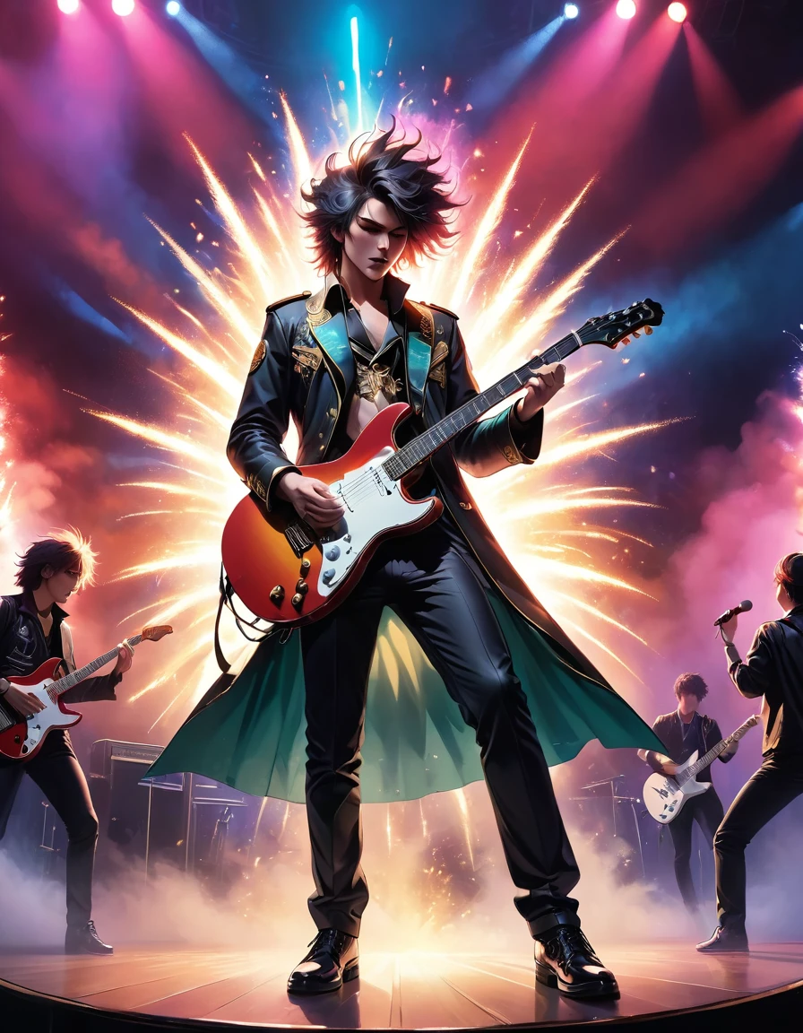 (Highest quality,4K,8k,High resolution,masterpiece:1.2),Very detailed,(Actual,photoActual,photo-Actual:1.37),rock star,singer,guitar,uniform,black,tight,gilded accents,Spacewalk,Hysterical singing voice,Stage lighting,restive,Glitch Art,Bright colors,Energetic performance,An exciting atmosphere,Loud music,Screaming fans,Huge Speaker,Fiery explosion,Dynamic pose,Smoke and fog effects,Expressive Face,Revolving light,flash,Dark Background,Edgy Style,Wild Hair,Mike stand,guitar声音失真,Rock Music,Celebrities,电guitar独奏,Huge concert stage,Stroll on stage,Condescending attitude,Emotional Intensity,Big, heavy drum sounds,Electrical Energy,Stage Fireworks,Powerful vocal performance,the stadium has a full crowd,Thousands of fans,roaring crowd,flash,An exciting atmosphere,sweaty and Energetic performance,Legendary figure,Acting skills,Standing ovation