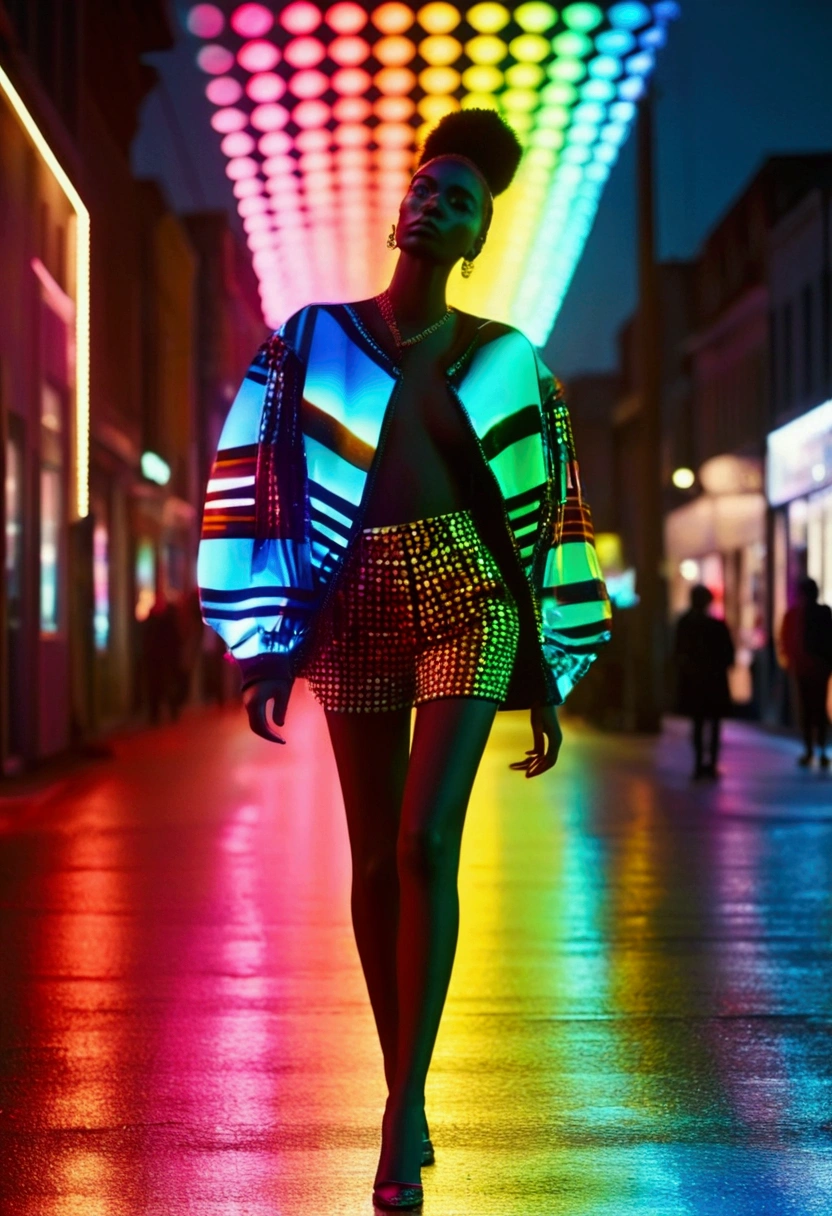 a Fashion Model, fun and stylish Fashion, night, full body, by Gabriel Dawe, Gradient color, 35mm photograph, bokeh, cinematic still, (best quality, masterpiece), very aesthetic, perfect composition, photorealistic, intricate details, ultra-detailed, vivid colors
