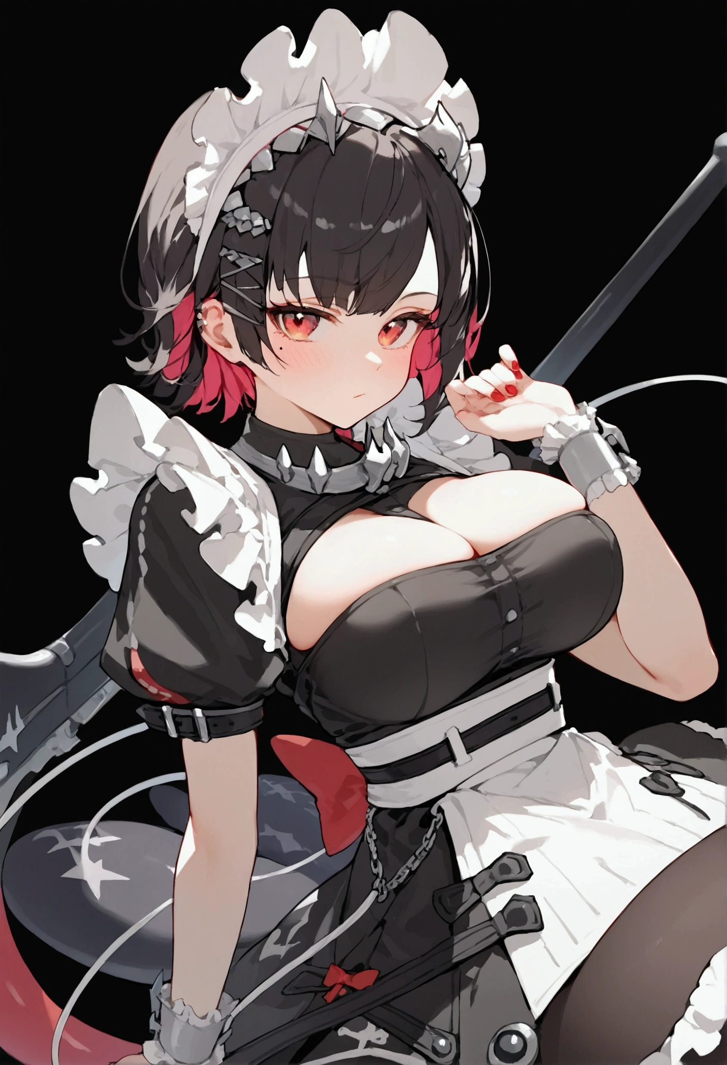 score_9, score_8_up, score_7_up, score_9, BREAK, 1girl,big breasts, solo, looking at viewer, blush, 1girl,ellen_joe,maid_headdress,black_dress,wrist_cuffs,puffy_short_sleeves,mole_under_eye,large_breasts,frilled_dress,black_pantyhose,medium_breasts, breast focus