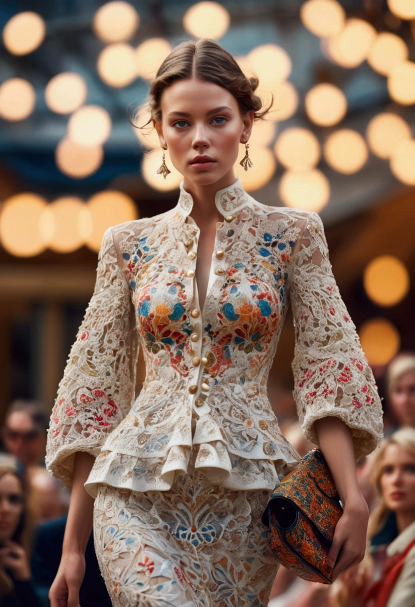 a Fashion Model, fun and stylish Fashion, full body, by Alexander McQueen, 35mm photograph, bokeh, cinematic still, (best quality, masterpiece), very aesthetic, perfect composition, photorealistic, intricate details, ultra-detailed, vivid colors