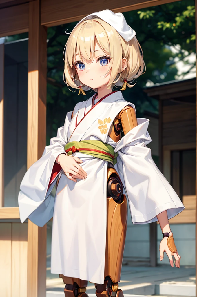Wooden Humanoid Robot,Wood grain body,女に似せて作られた,wear the kimono,childall,Illustrated,((Hand out a towel)),zoom in,Rounded corners of leg and arm parts
