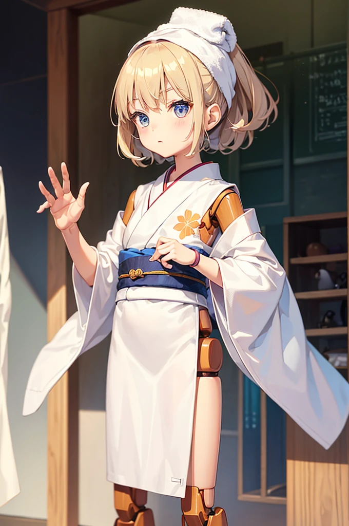 Wooden Humanoid Robot,Wood grain body,child女に似せて作られた,wear the kimono,child,児,Small,Illustrated,((Hand out a towel)),zoom in,Rounded corners of leg and arm parts