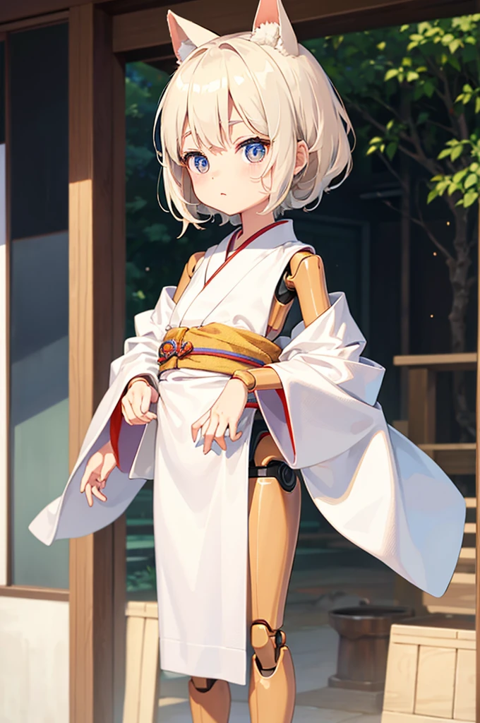 Wooden Humanoid Robot,Wood grain body,child女に似せて作られた,wear the kimono,child,児,Small,Illustrated,((Hand out a towel)),zoom in,Rounded corners of leg and arm parts