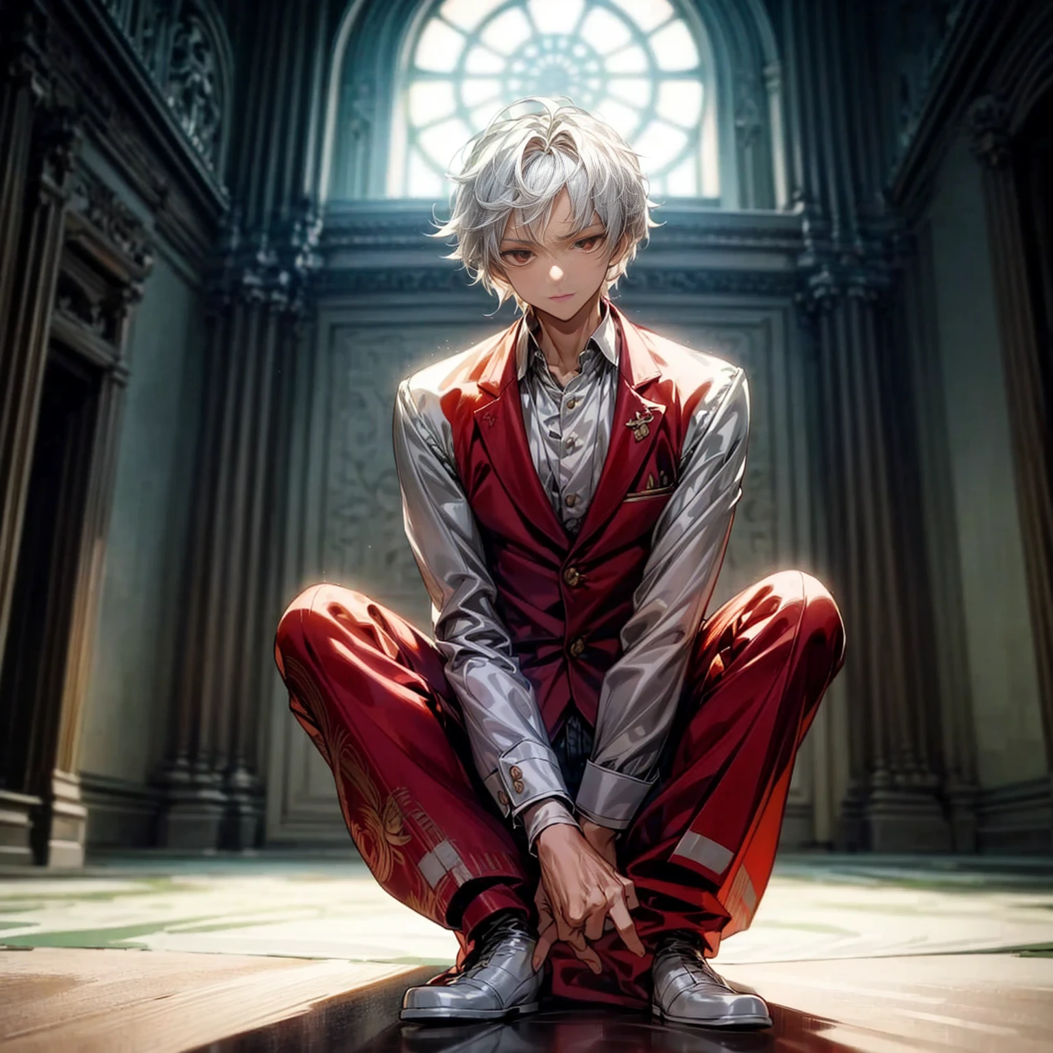 Solo, kid boy, Full body version, light red eyes, wavy haircut, white color hair, suit style outfit, Grassroots, full background indoor room Castle, motion blur, lighting, (one piece style art), sit down gesture