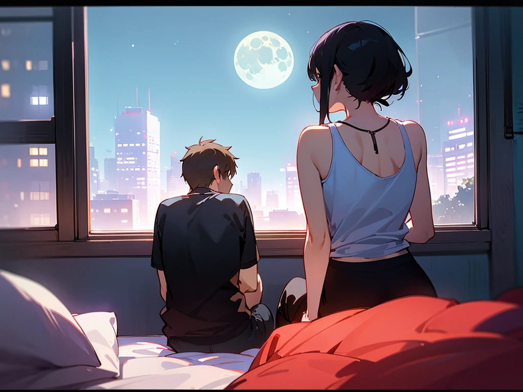 Man and woman couple silhouette、The woman is wearing a T-shirt and underwear、Man in tank top、Back view、Sitting on the bed、Looking out the window、Moonlight silhouette、night、Inside the room、Outside the big window, there is a full moon、City street lights、river、Romantic mood、Moon River、