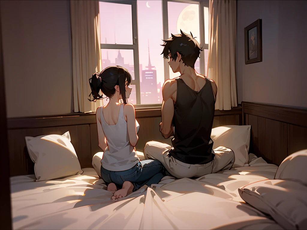 Man and woman couple silhouette、The woman is wearing a T-shirt and underwear、Man in tank top、Back view、Sitting on the bed、Looking out the window、Moonlight silhouette、night、Inside the room、Outside the big window, there is a full moon、City street lights、river、Romantic mood、Moon River、