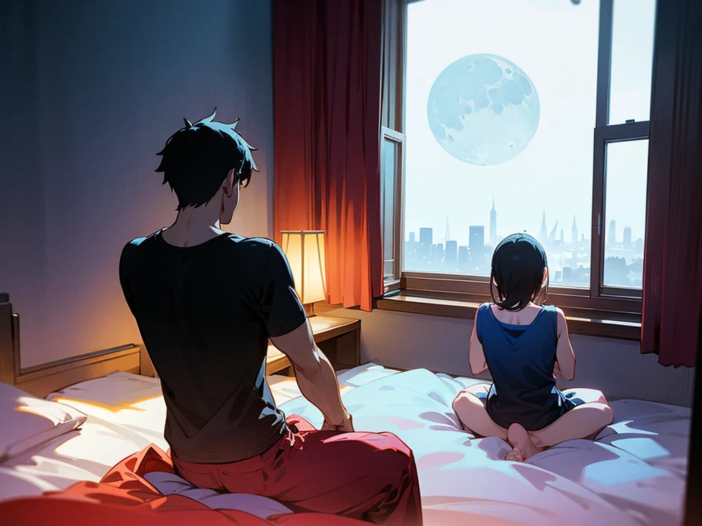 Man and woman couple silhouette、The woman is wearing a T-shirt and underwear、Man in tank top、Back view、Sitting on the bed、Looking out the window、Moonlight silhouette、night、Inside the room、Outside the big window, there is a full moon、City street lights、river、Romantic mood、Moon River、
